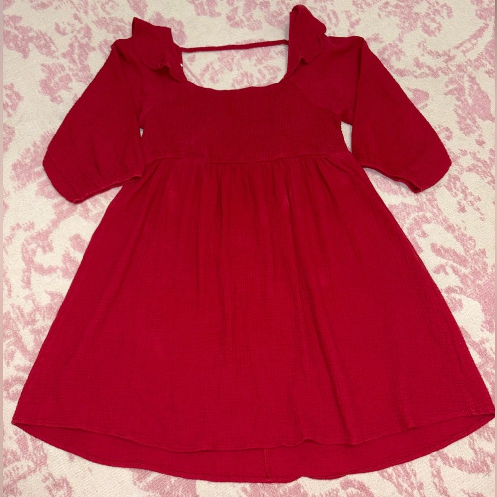 Umgee 100% Cotton Red Square Neck Smocked Babydoll Mini Dress with Puff Sleeves
